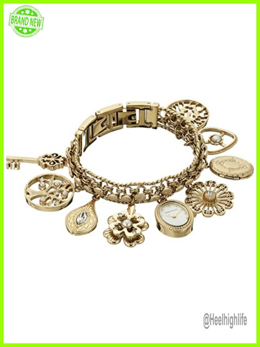 Crystal Accented Charm Bracelet Watch with Gold-Tone Mother-of-Pearl Dial and 8
